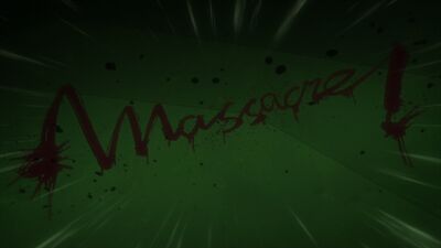 Le mot "Massacre!" écrit sur le mur avec du sang