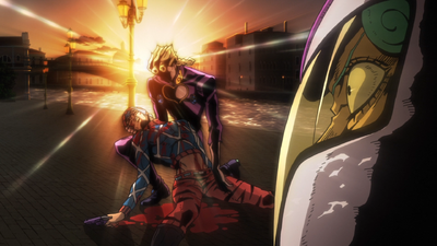 Giorno appears, saving Mista