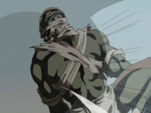 With the boy getting sand in his eye from Polnareff, Hanged Man has to escape but gets cut by Silver Chariot