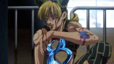 Jolyne with a Möbius strip on her chest as a way to counteract C-MOON's attacks
