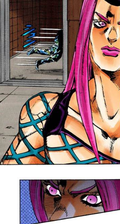 Guccio's first appearance, trying to hide from Anasui