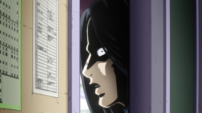 Hazamada's initial appearance, spying on Josuke and Koichi.