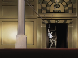 Joseph grudando Hermit Purple nas paredes do hotel para que ele aterrisse com segurança
