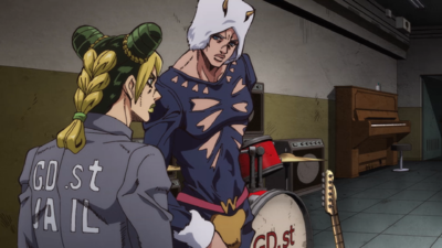 Weather and Jolyne transported inside the music room by Emporio
