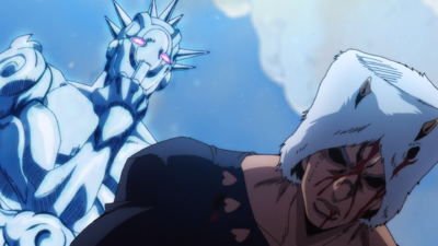 Weather Report standing proudly above Pucci after his defeat