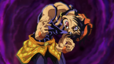 Narancia's body contorted after his sentence is forcefully twisted into a lie