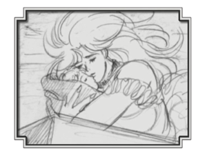 Erina segurando a Lisa Lisa enquanto se protege num baú rumo à América (Linhas do Tempo do OVA da Parte 3)