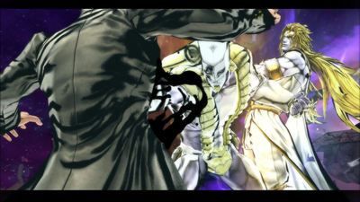 The World Over Heaven delivers a serious injury to Jotaro with a single punch.