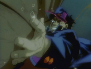 Stops the boat DIO thrown and tried to drown him with