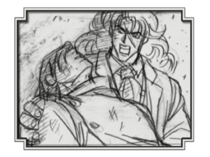 Jonathan desmayado en brazos de Speedwagon tras su pelea con Dio (Líneas de Tiempo de la OVA de la Parte 3)