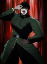 Stroheim about to administer Speedwagon with a truth serum, proclaiming German science is the world's finest