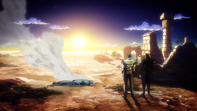 Joseph watches with Jotaro as DIO's ashes are scattered in the wind