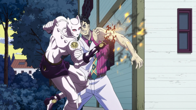 Killer Queen blows a small hole in Kira's arm, allowing the air bubble to escape