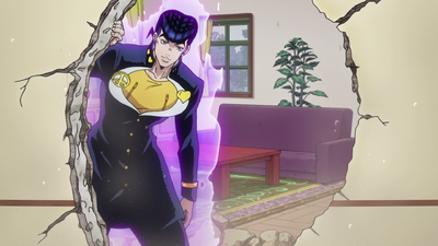 Josuke creates a hole to escape to the living room