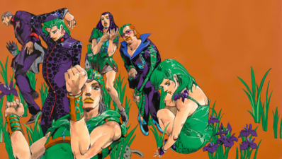 From left to right: Enrico Pucci, Whitesnake, Noriaki Kakyoin, Johnny Joestar, Ermes Costello, Tamaki Damo, Lucy Steel