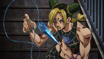 Jolyne trying to finish off Kenzou even in her injured state