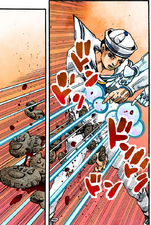 Josuke tries shooting off the Rock Insect...