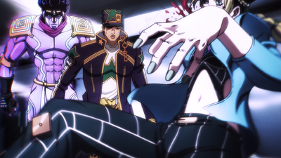 Alongside Jotaro while observing Jolyne in stopped time
