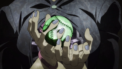 A ghost baseball phasing through Jolyne's hands