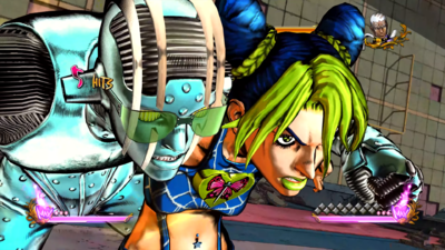 Stone Free prepares to pummeling the opponent wrapped in string in Jolyne's GHA