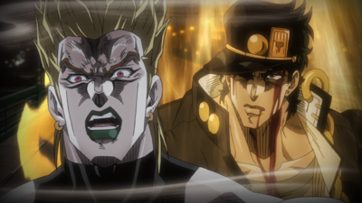 Ironically frozen in time, Jotaro taunts DIO with his newly-awakened powers