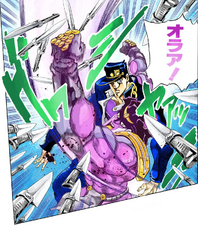 Jotaro uses Star Platinum to punch away DIO’s knives...