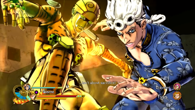 Gold Experience prepares the MUDA kick barrage in Dual Heat Attack with Mista