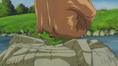 Closeup of Zeppeli Punching the Frog