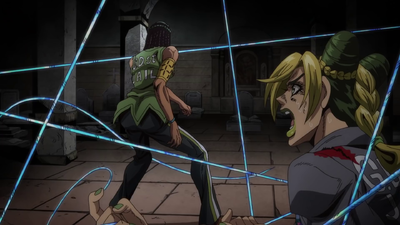 Jolyne sets up a web of her threads to detect Limp Bizkit's zombies