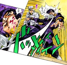 Yoshihiro uses the stand to hit Josuke with a phone