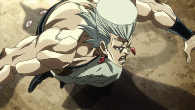 Polnareff jumping over Sethan, turning him into a child